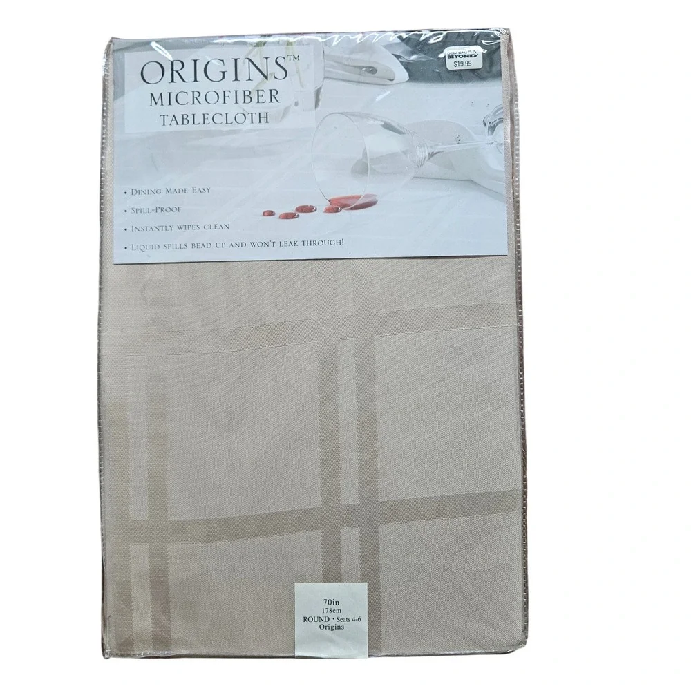 Origins Microfiber Tablecloth 70in Round Beige Spill Proof Grid Pattern NEW
